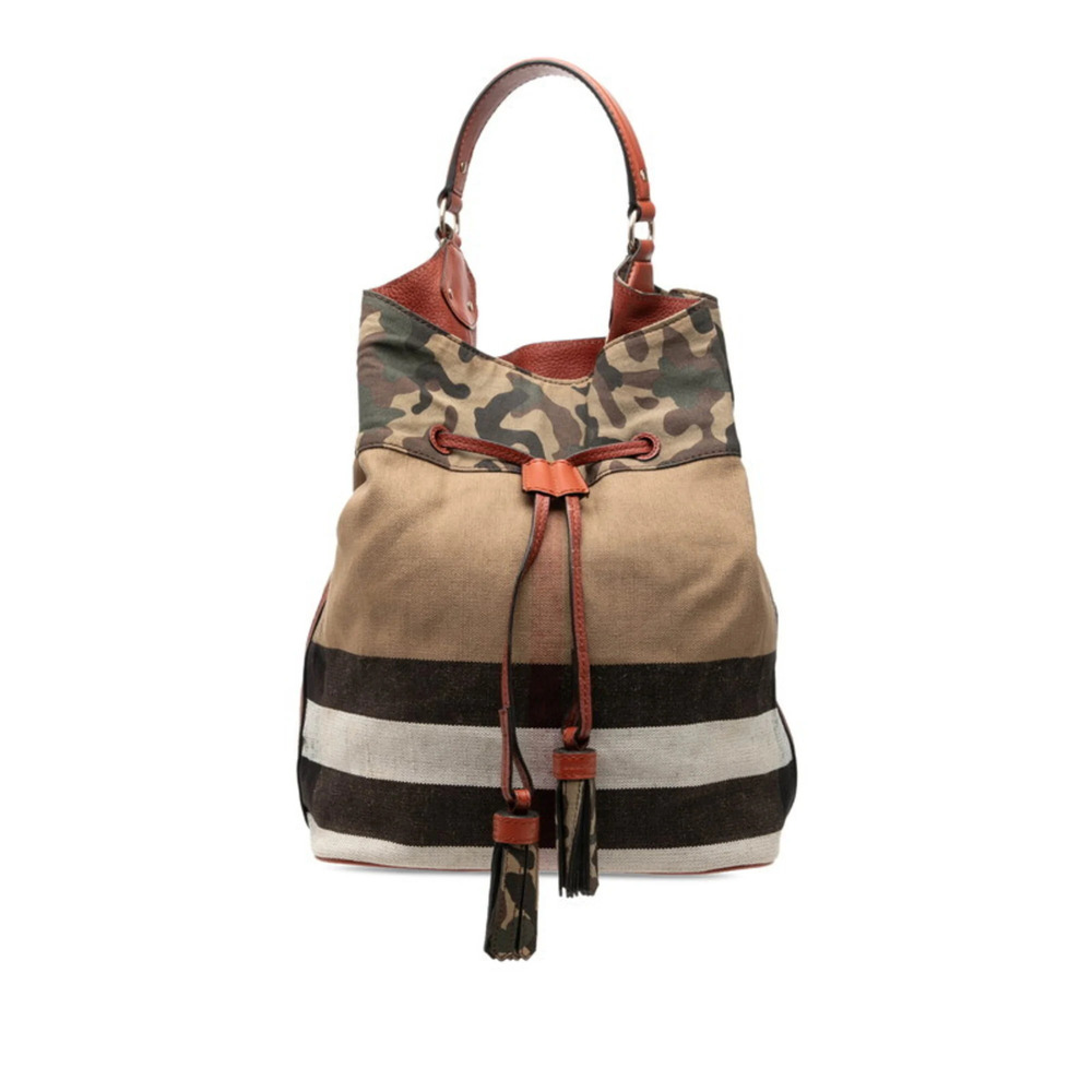Burberry Susanna Tassel Camo Handbag, Drawstring, Beige/Multicolor Canvas Lea...